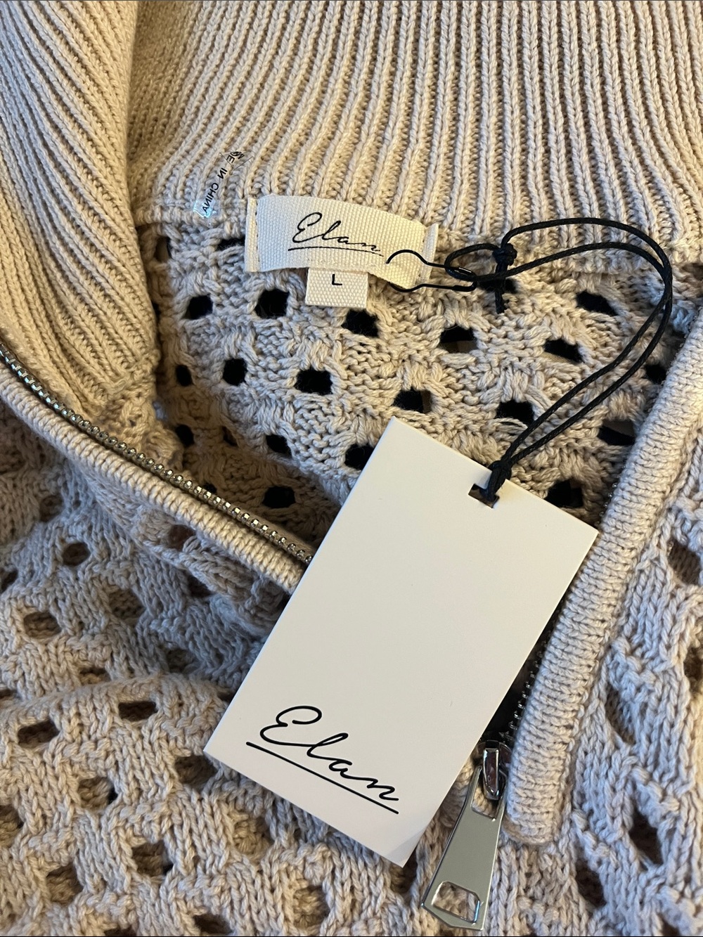 Elan Beige Open-Knit Zip Cardigan